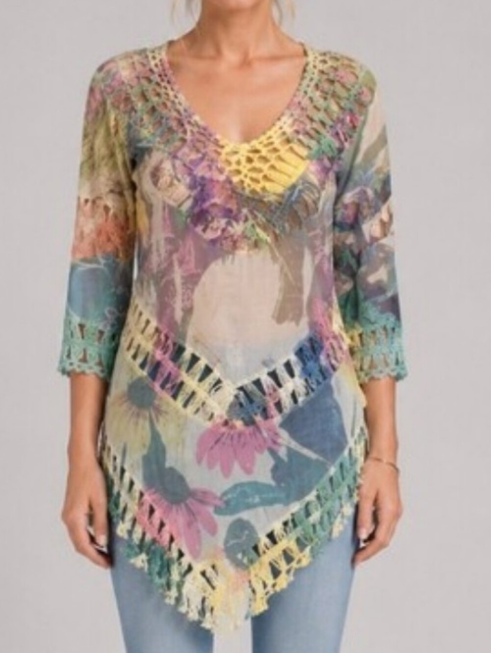 Anthropologie Dor Dor Couture Crochet Rainbow Print Tunic Top Size S